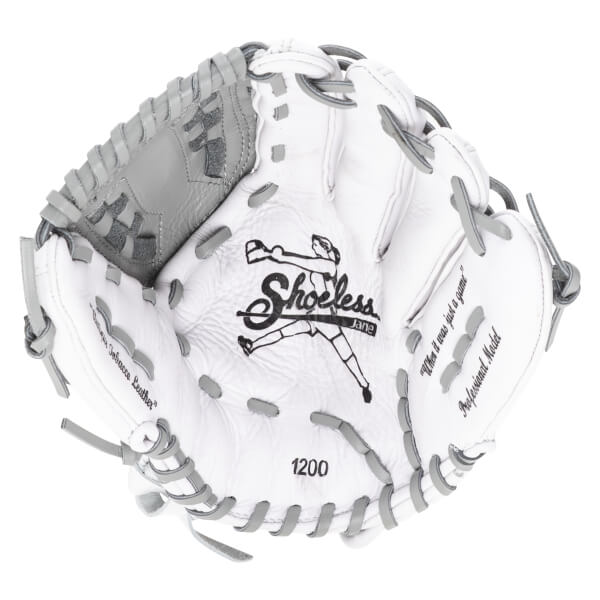 Top-down view of a white and grey baseball glove with "Shoeless Jane" logo, "1200", and "Professional Model" text.