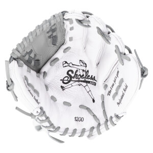 Top-down view of a white and grey baseball glove with "Shoeless Jane" logo, "1200", and "Professional Model" text.