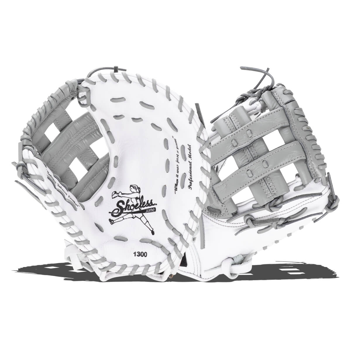 Top-down view of a white and grey baseball glove with "Shoeless Jane" and "1300" visible.