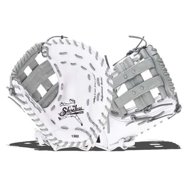Top-down view of a white and grey baseball glove with "Shoeless Jane" and "1300" visible.