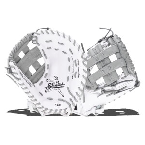Top-down view of a white and grey baseball glove with "Shoeless Jane" and "1300" visible.
