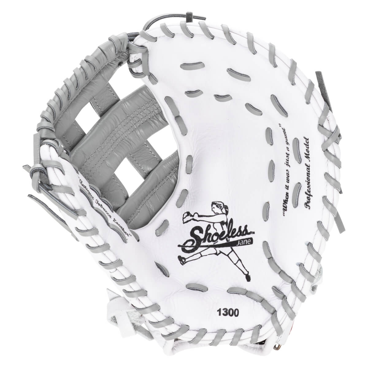 Top-down view of a white and gray softball glove with "Shoeless Jane" logo and "1300" model number.