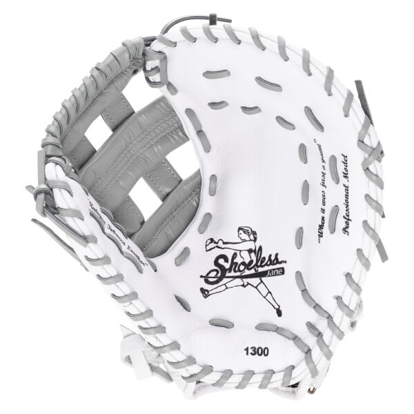 Top-down view of a white and gray softball glove with "Shoeless Jane" logo and "1300" model number.