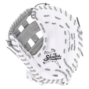 Top-down view of a white and gray softball glove with "Shoeless Jane" logo and "1300" model number.