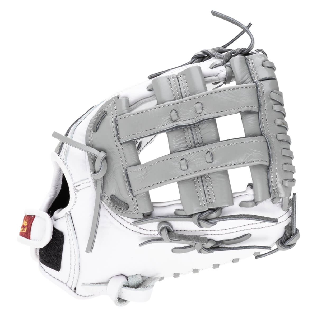 Top-down view of a white and gray baseball glove with visible lacing and a red and gold tag.