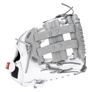 Top-down view of a white and gray baseball glove with visible lacing and a red and gold tag.