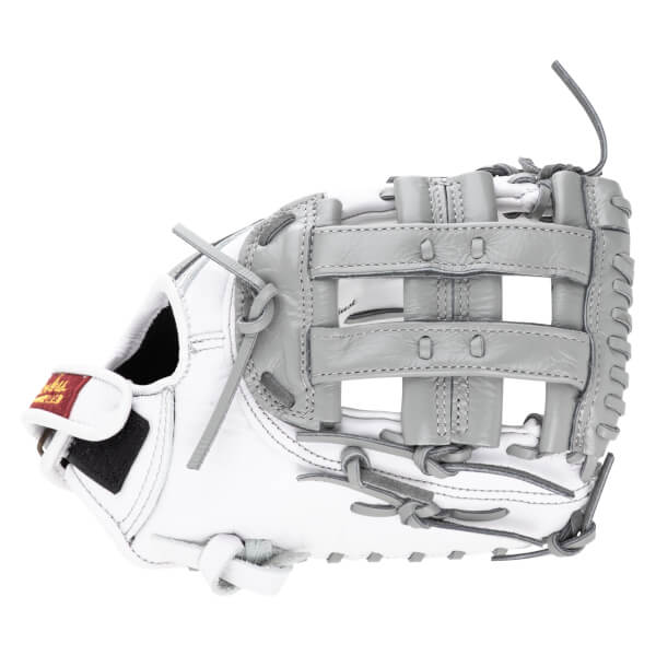 Side view of a white and gray baseball glove with a red and gold tag.