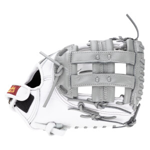 Side view of a white and gray baseball glove with a red and gold tag.