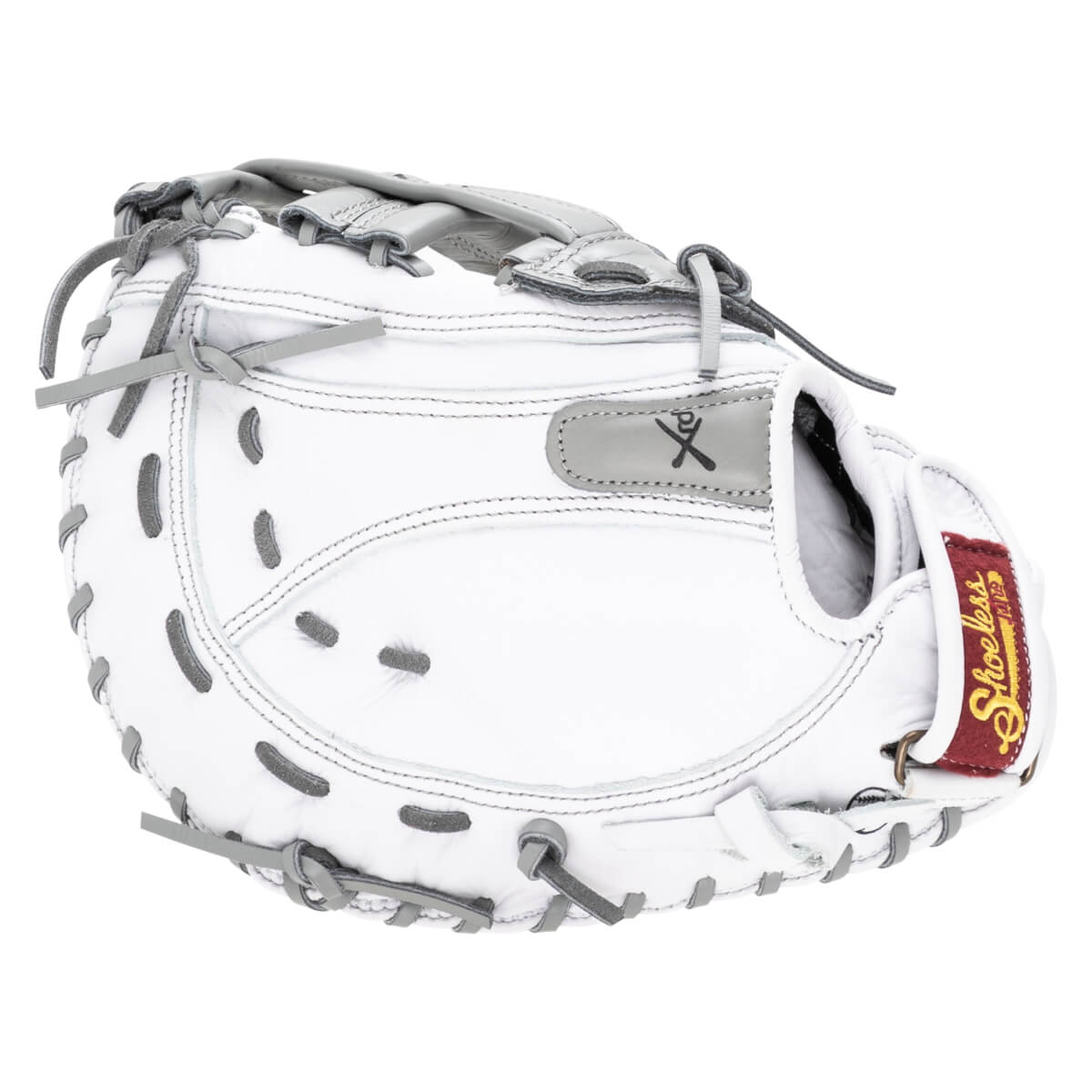 Side view of a white baseball glove with grey lacing and a "Shoeless" logo.