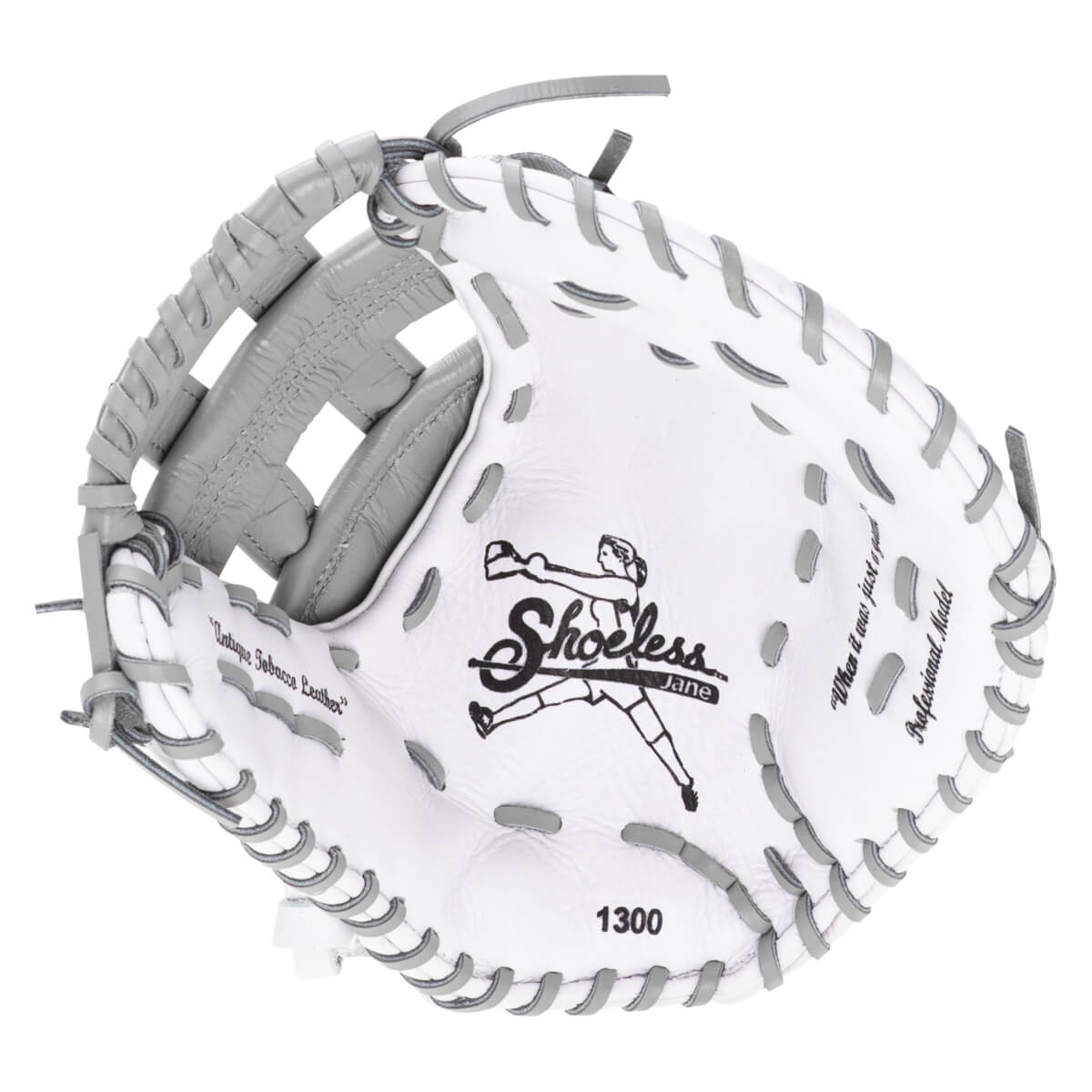 Top-down view of a white softball glove with grey lacing, featuring the "Shoeless Jane" logo and "1300".