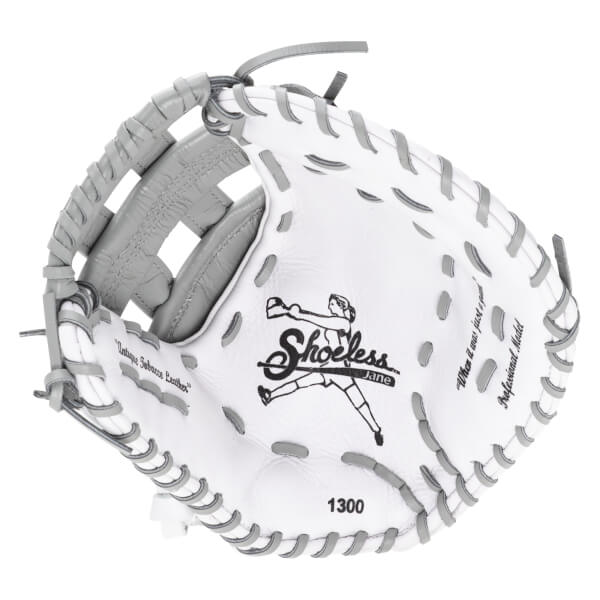 Top-down view of a white softball glove with grey lacing, featuring the "Shoeless Jane" logo and "1300".