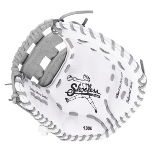 Top-down view of a white softball glove with grey lacing, featuring the "Shoeless Jane" logo and "1300".