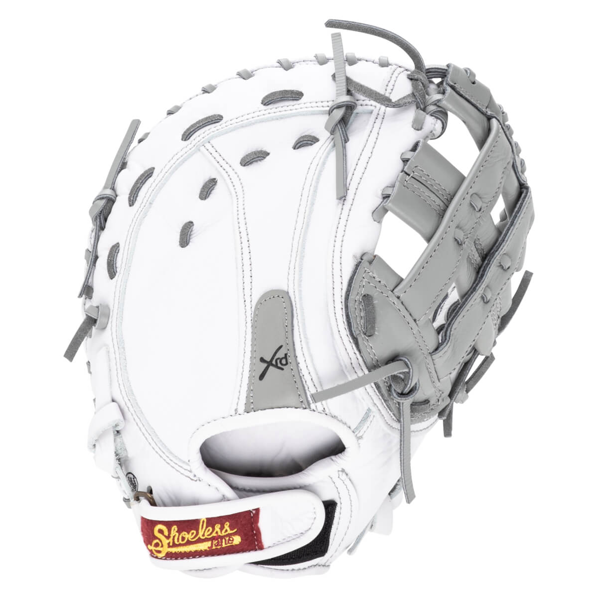 Top-down view of a white and gray baseball glove with "Shoeless Joe" and "Xrd" logos.