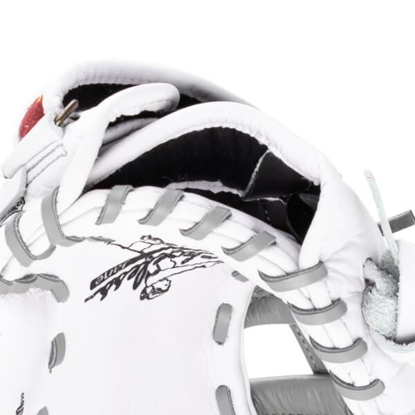 Close-up of a white baseball glove's interior, showing black lining and grey lacing.