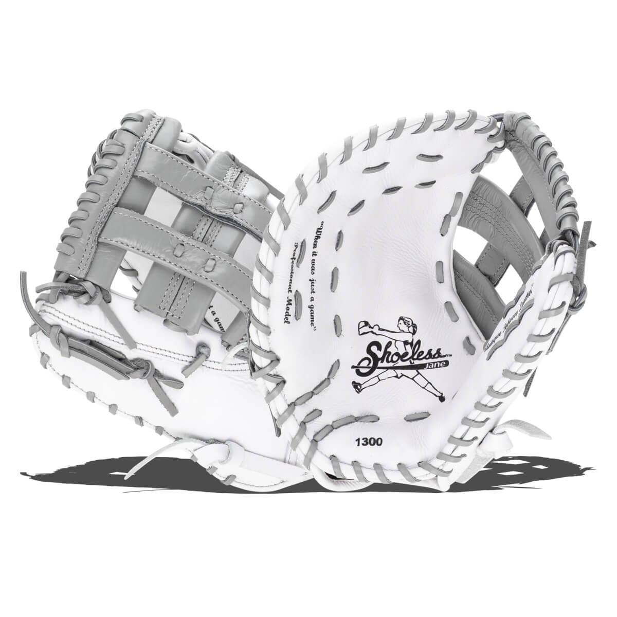 Front view of a white and gray baseball glove with "Shoeless Jane" logo and "1300" model number.