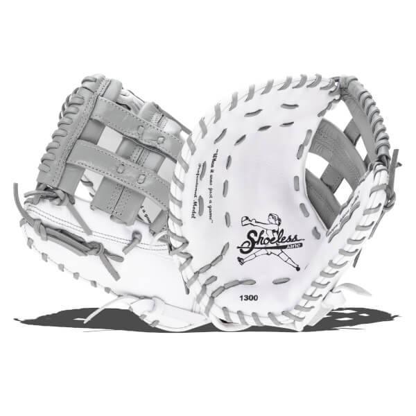 Front view of a white and gray baseball glove with "Shoeless Jane" logo and "1300" model number.