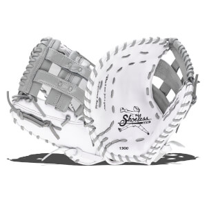 Front view of a white and gray baseball glove with "Shoeless Jane" logo and "1300" model number.
