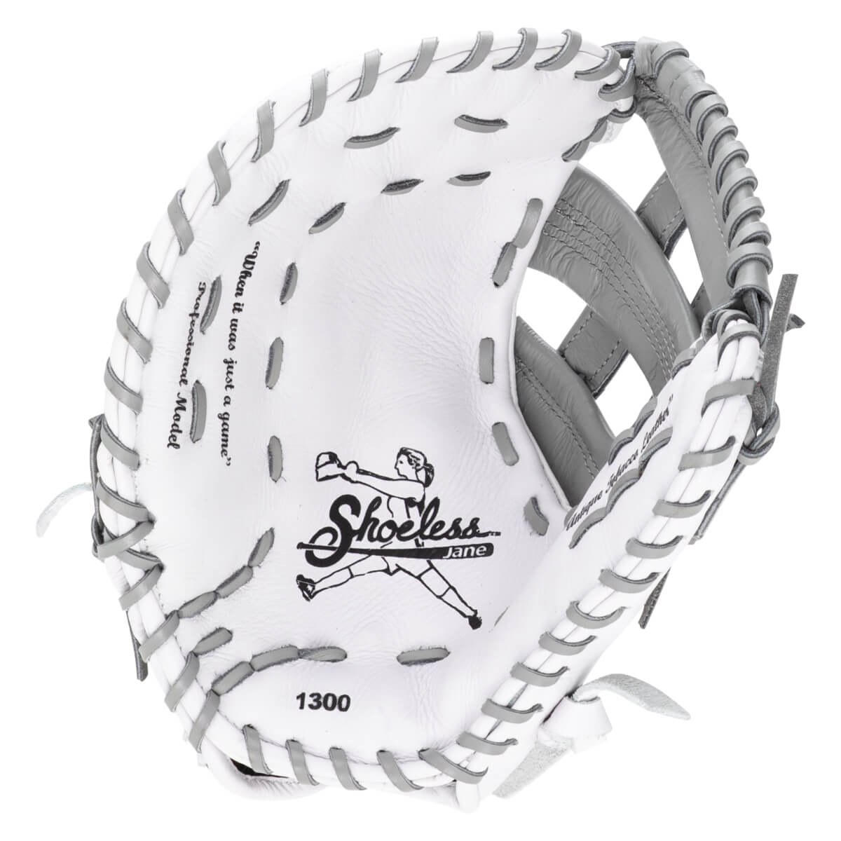 Inside view of a white baseball glove with gray lacing, showing the "Shoeless Jane" logo and "1300".
