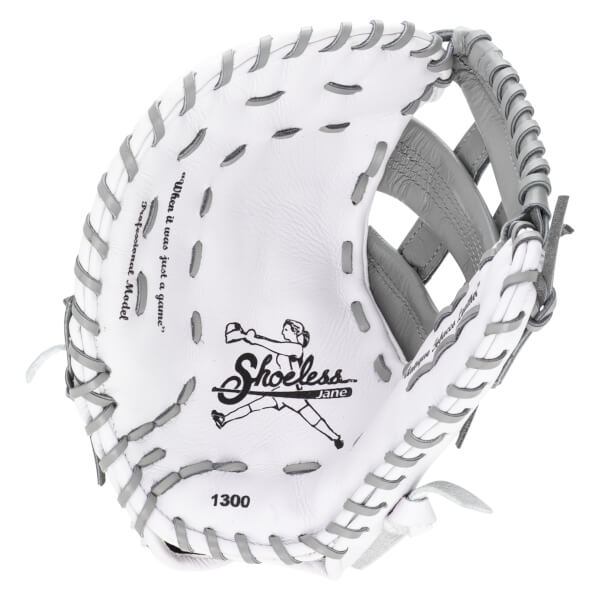 Inside view of a white baseball glove with gray lacing, showing the "Shoeless Jane" logo and "1300".