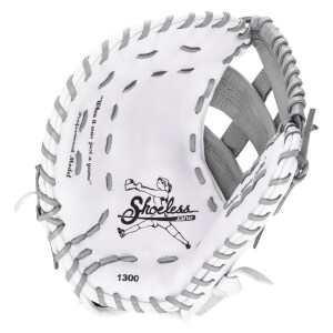 Inside view of a white baseball glove with gray lacing, showing the "Shoeless Jane" logo and "1300".