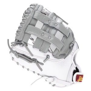 Top-down view of a white and gray baseball glove with "Shoe" visible on a maroon tag.