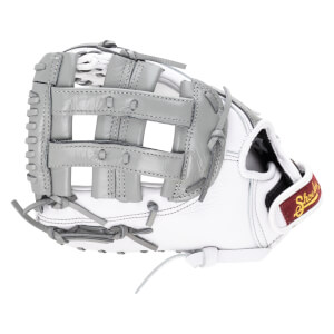 Side view of a white baseball glove with gray lacing and a maroon and gold "Shoeless" logo.