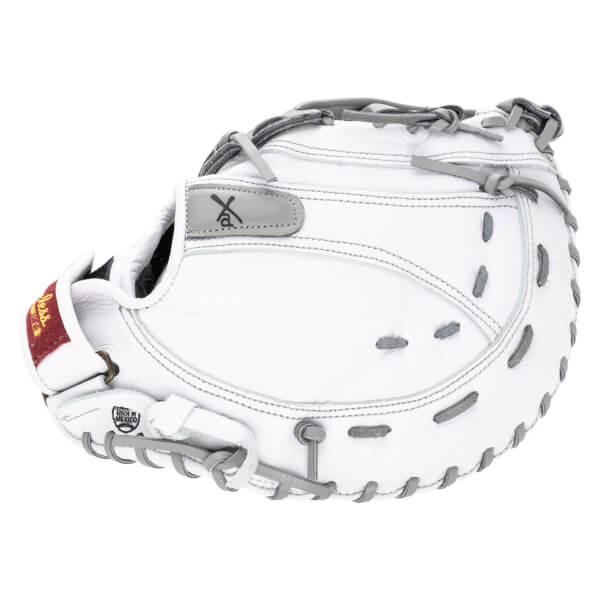 Side view of a white baseball glove with gray lacing and a "Made in Mexico" stamp.