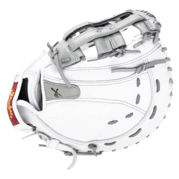 Top-down view of a white baseball glove with grey accents and the "Show-Lex" logo visible.