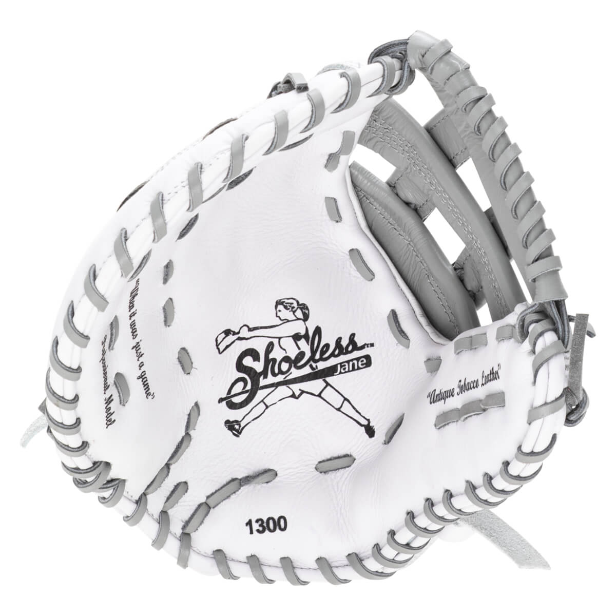 Inside view of a white softball glove with grey lacing, showing the "Shoeless Jane" logo and "1300".