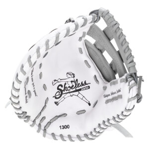 Inside view of a white softball glove with grey lacing, showing the "Shoeless Jane" logo and "1300".
