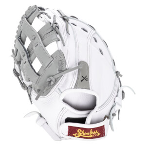 Side view of a white baseball glove with gray lacing and a maroon tag with "Shoeless" embroidered in gold.