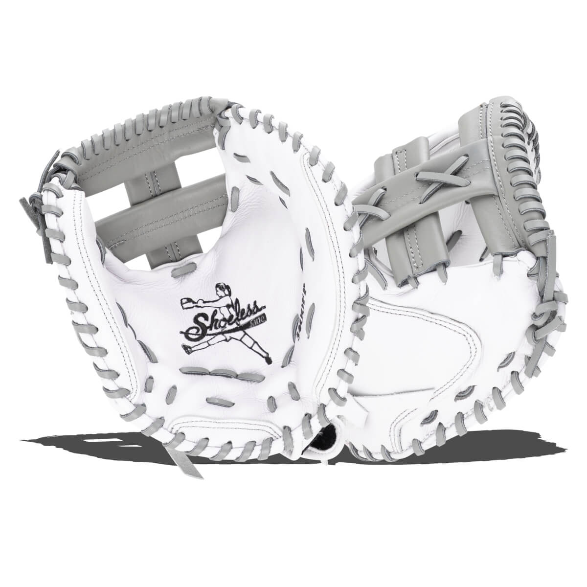 Open view of a white and gray baseball glove with the "Shoeless" logo visible.