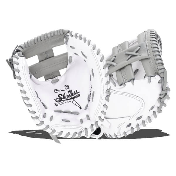 Open view of a white and gray baseball glove with the "Shoeless" logo visible.