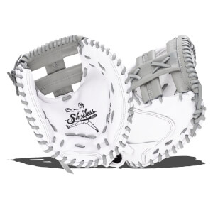 Open view of a white and gray baseball glove with the "Shoeless" logo visible.