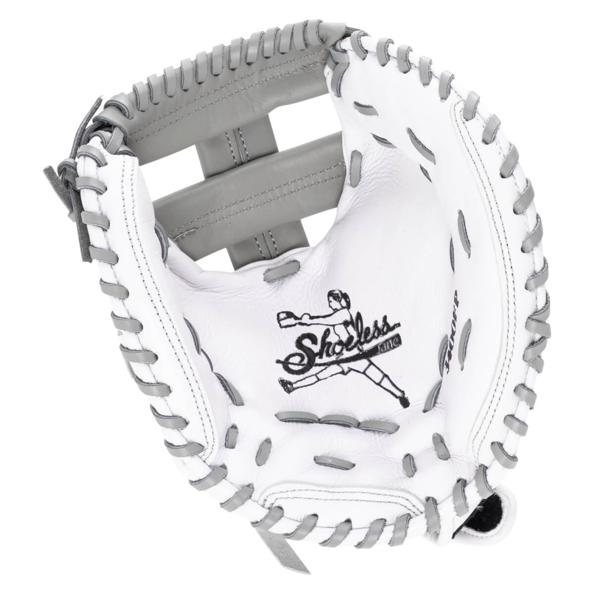 Top-down view of a white baseball glove with grey lacing and the "Shoeless Jane" logo.