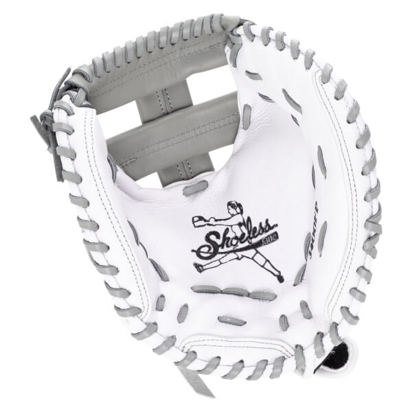 Top-down view of a white baseball glove with grey lacing and the "Shoeless Jane" logo.