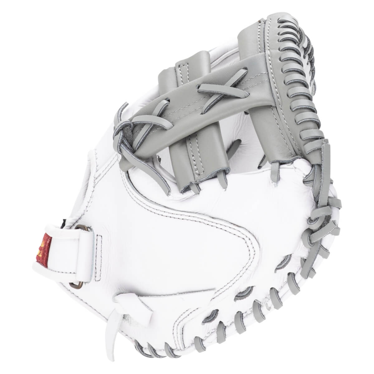 Top-down view of a white baseball glove with gray lacing and a red tag.