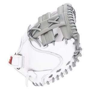 Top-down view of a white baseball glove with gray lacing and a red tag.