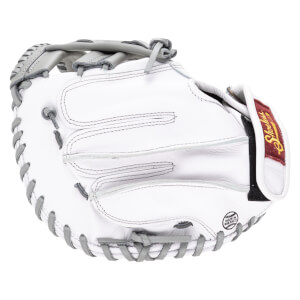 Front view of a white baseball mitt with grey lacing and a "Shoeless" logo.