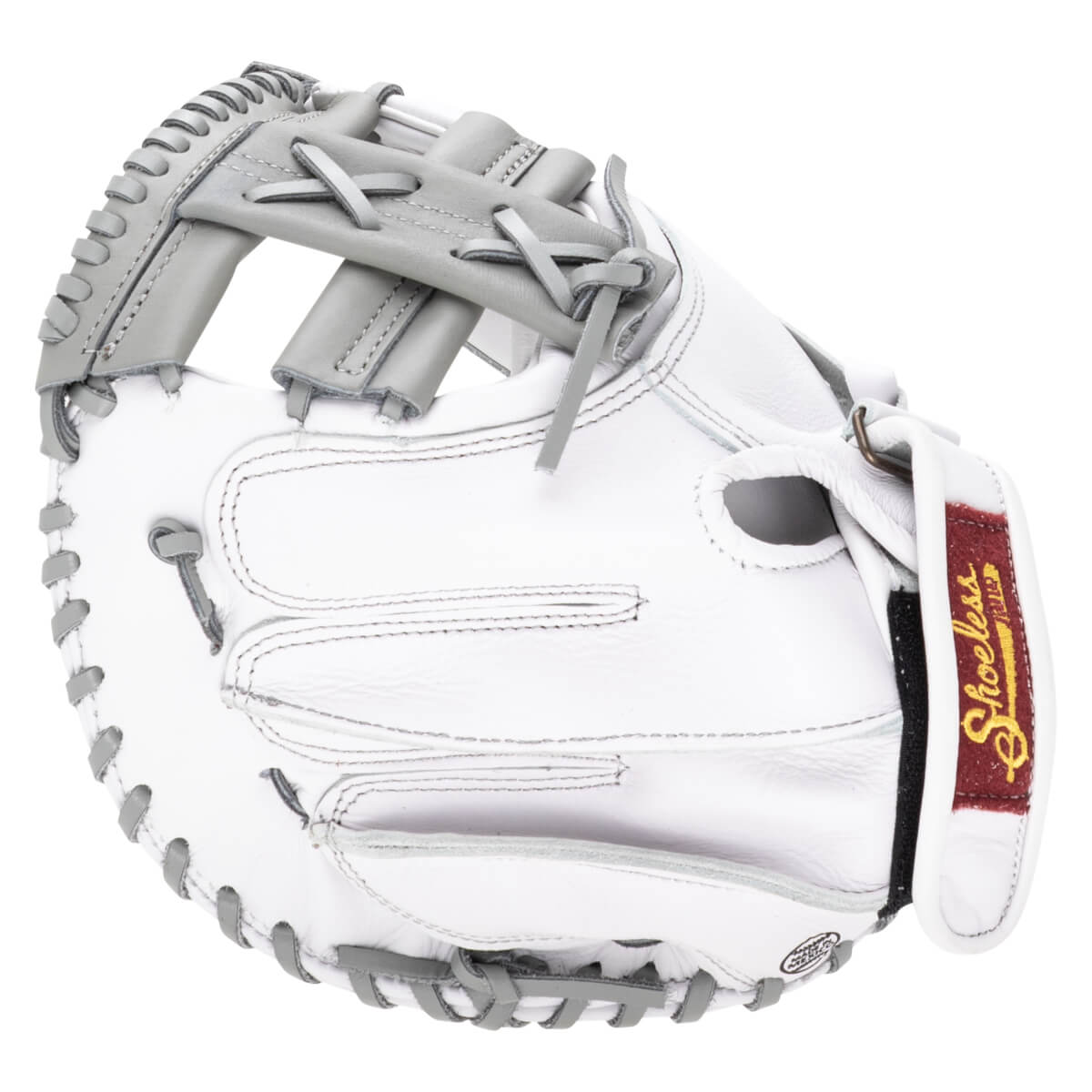 Side view of a white baseball glove with gray lacing and a "Shoeless Joe" logo.