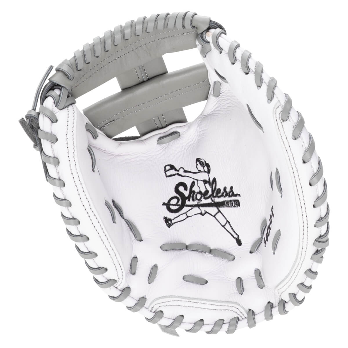 Top-down view of a white baseball glove with grey lacing and the "Shoeless Joe" logo.