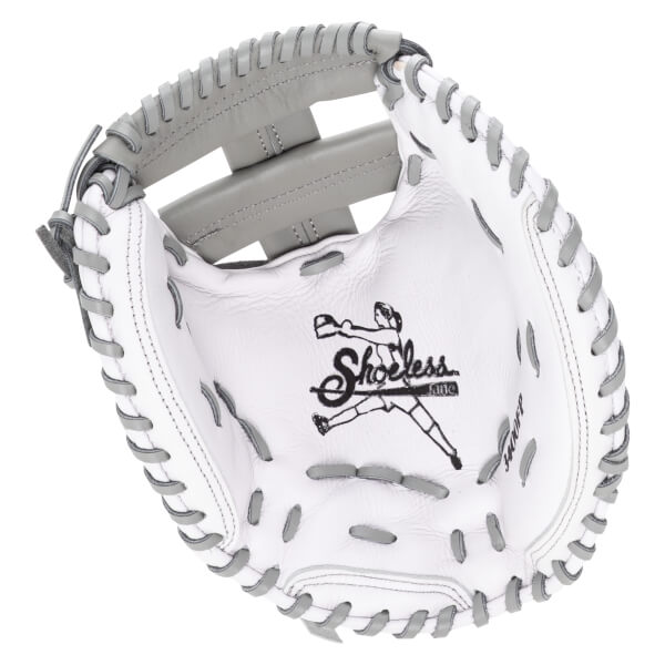 Top-down view of a white baseball glove with grey lacing and the "Shoeless Joe" logo.