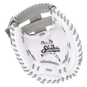Top-down view of a white baseball glove with grey lacing and the "Shoeless Joe" logo.
