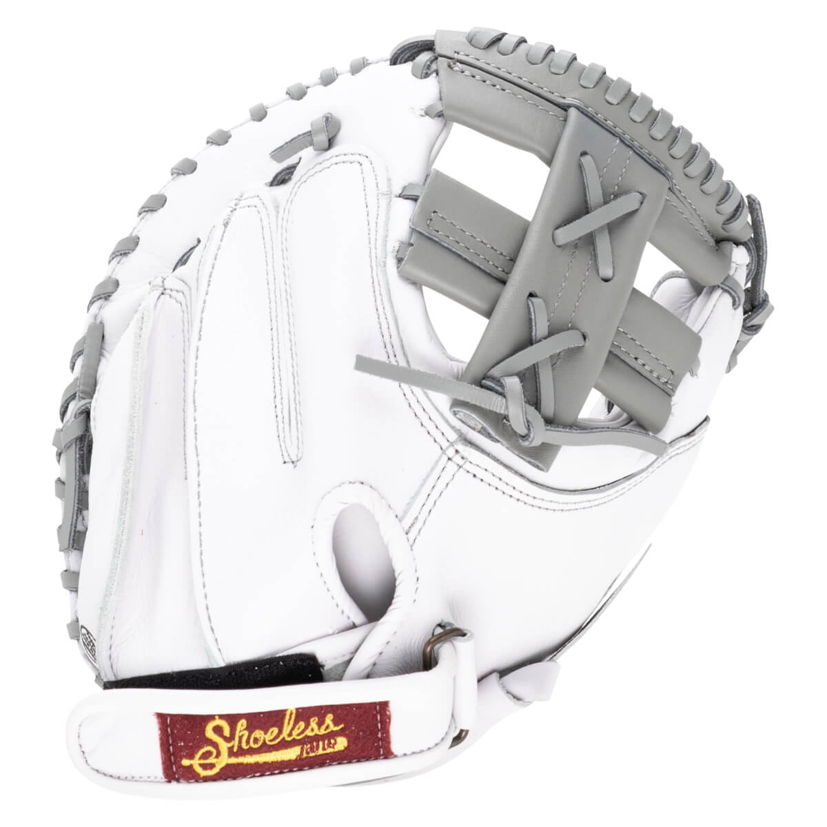 Side view of a white baseball glove with gray lacing and a maroon "Shoeless" tag.
