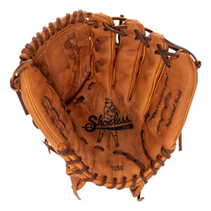 Front view of a brown baseball glove with Shoeless Joe logo, Professional Model text, and When it was just a game quote.