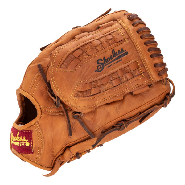 Angled view of a brown baseball glove with a visible Shoeless Joe logo, woven leather details, and a red wrist tag.