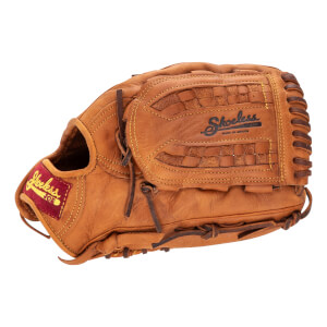 Side view of a brown baseball glove with Shoeless Joe logo on the palm, woven leather pattern, and a red wrist tag.
