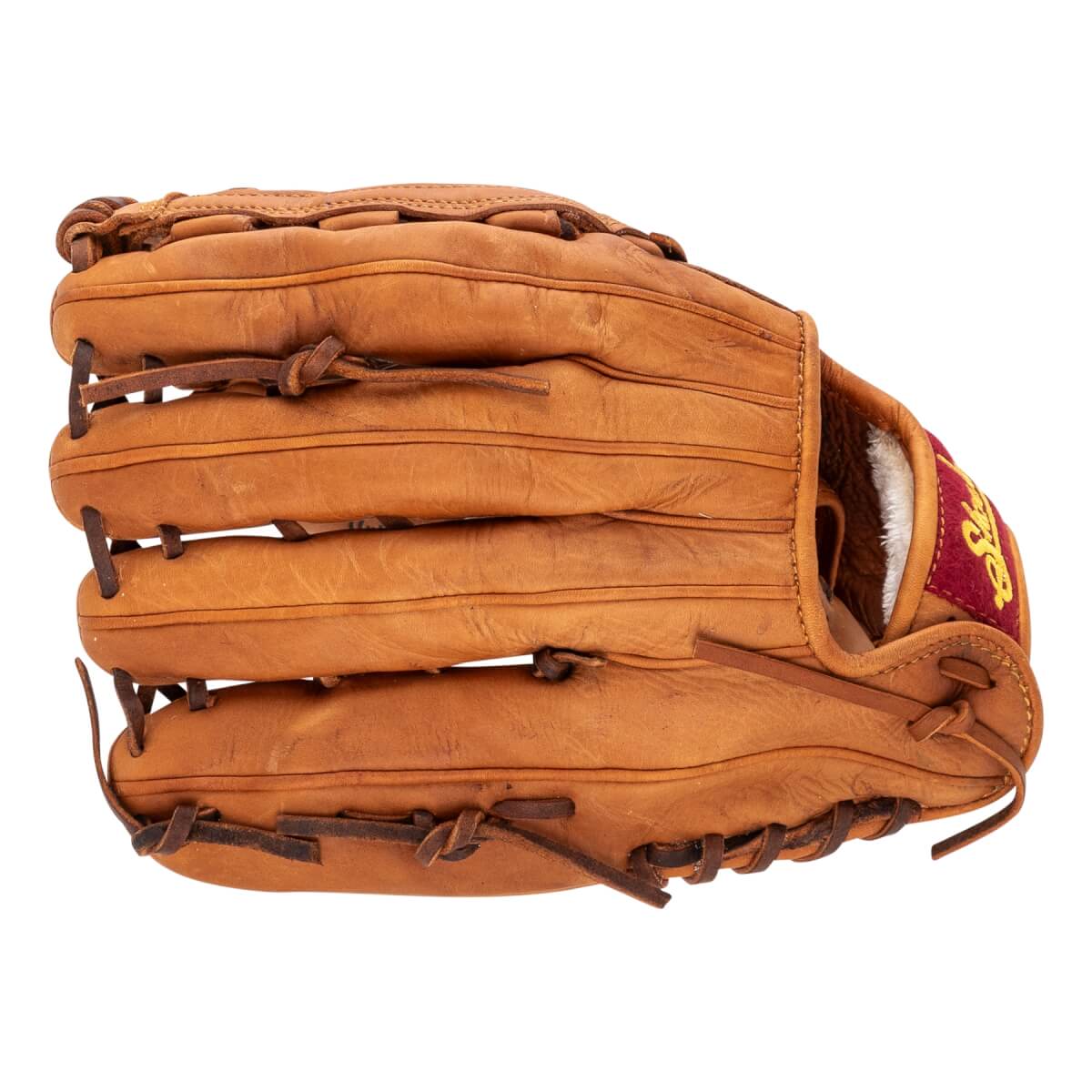 Palm side view of a tan baseball glove with leather lacing, a red wrist patch, and visible Shoeless Joe logo.