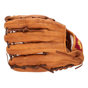 Palm side view of a tan baseball glove with leather lacing, a red wrist patch, and visible Shoeless Joe logo.