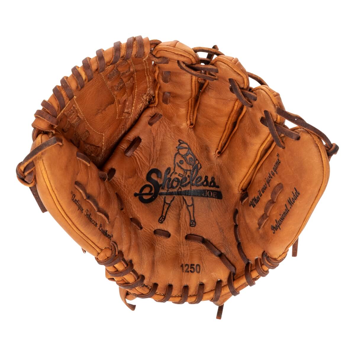 Front view of a brown baseball glove with a black Shoeless Joe logo, 1250 number, and Professional Model text.